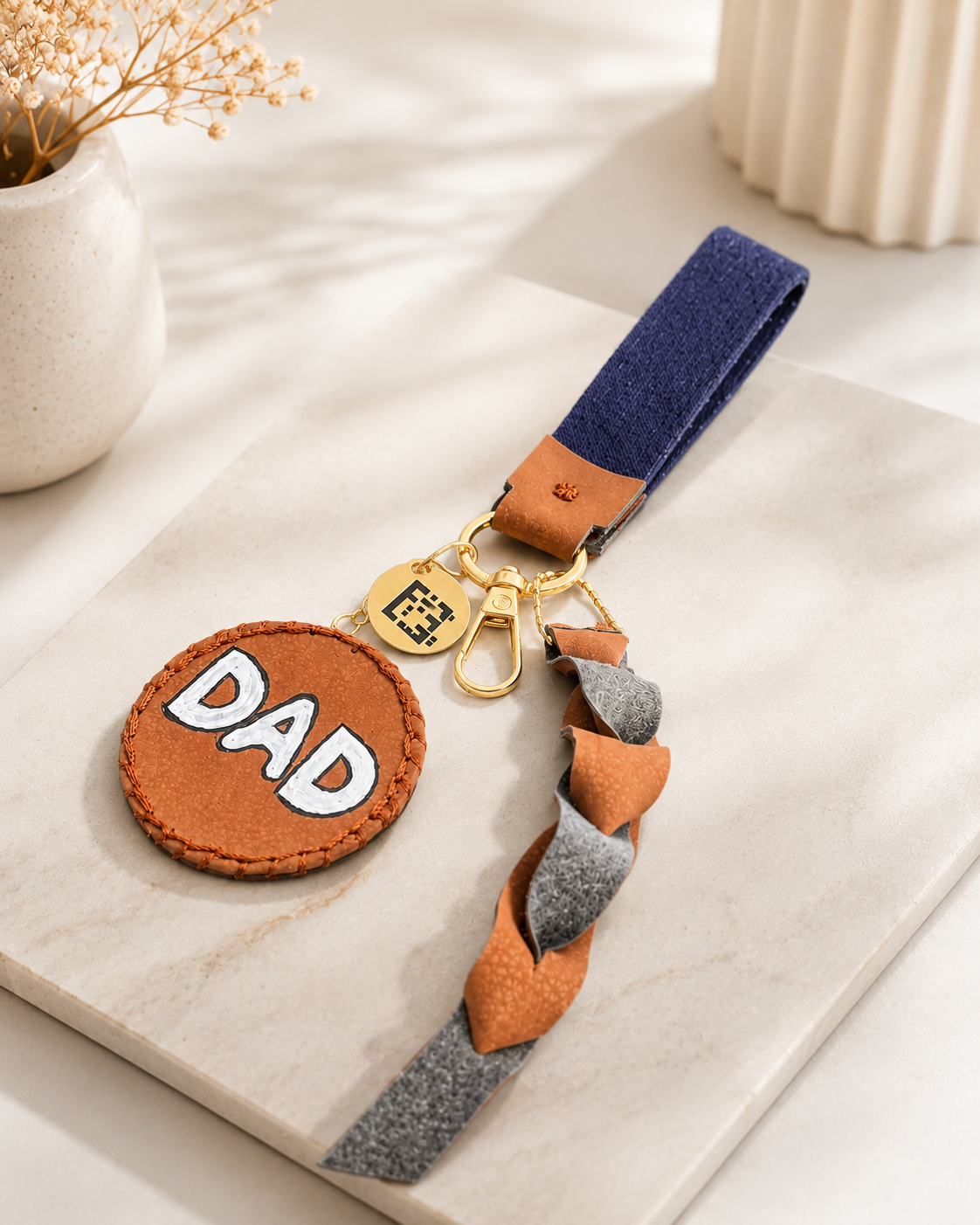 Premium Artisanal "DAD" Leather & Denim Strap Keychain
